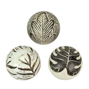 Set of 3 Whitewashed Carved Tropical Leaf Solid Wood Decor Balls